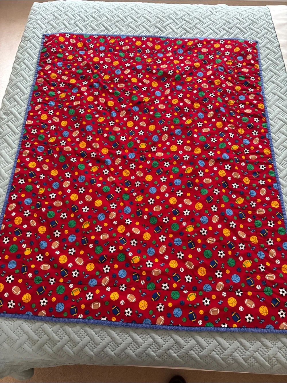 Handmade Sports Patchwork Quilt - Red, Blue, Yellow